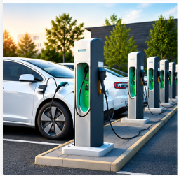 Row of solar-powered EV charging stations at sunset — Shuga Energy