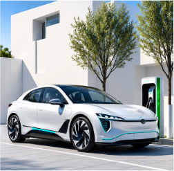 Sleek white electric vehicle charging outside a modern building — SHUGA FLEET